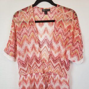 Women's I.N. Studio Yellow, Salmon on White Blouse Tunic Top Plus Size Petite XL